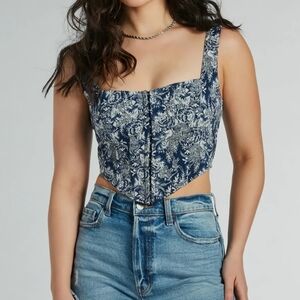 NWT Windsor Blue Floral Corset Top – Size L – Brocade Bustier Crop